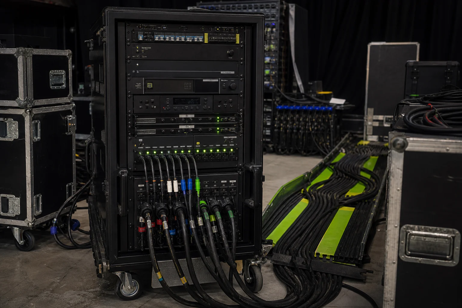 Distribucion electrica profesional con SAI y circuitos organizados para produccion audiovisual