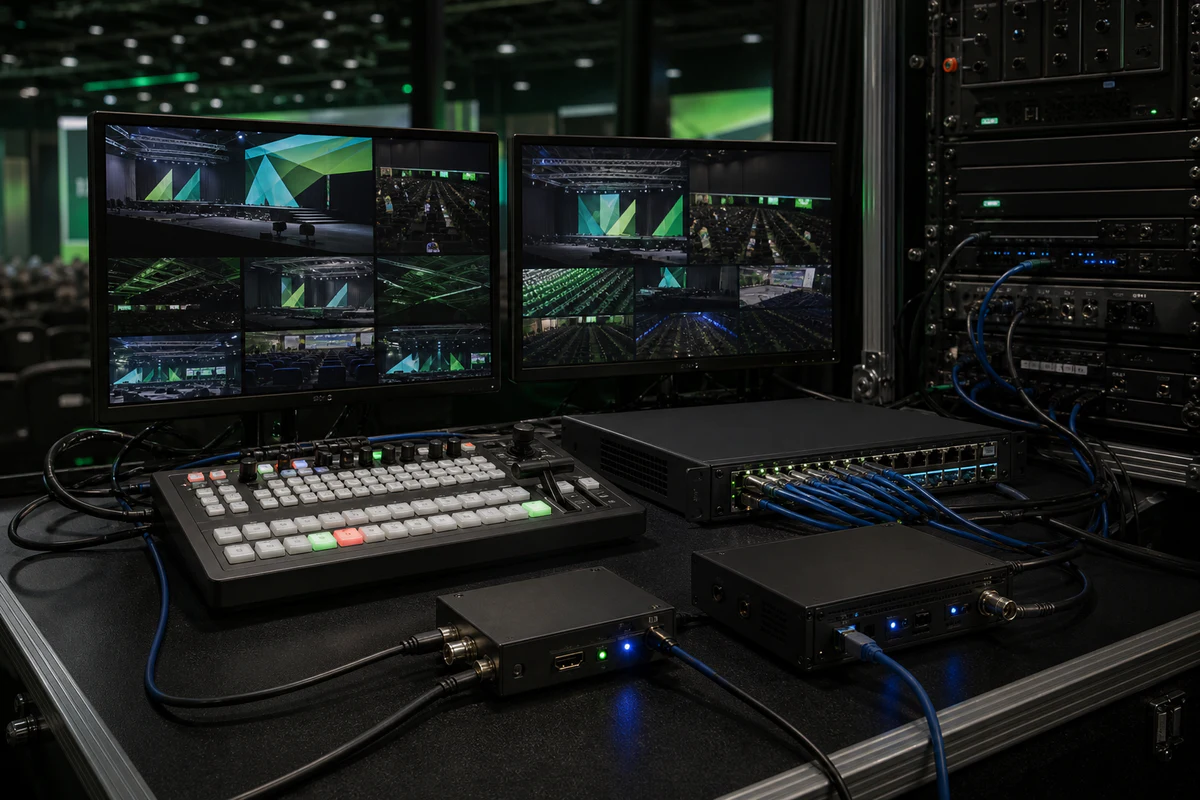 Control de video y red profesional con switcher, monitores y conexiones AV sobre IP