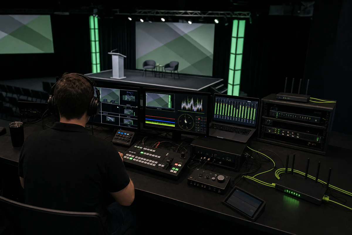 Puesto profesional de streaming multicamara con encoder, monitores y red de respaldo